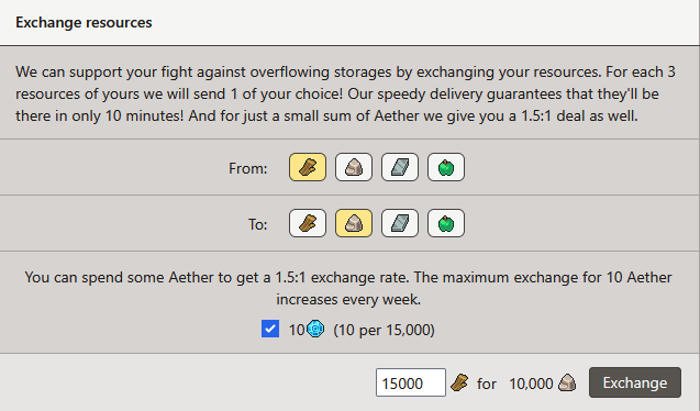 Screenshof of exchanging resources with Aether