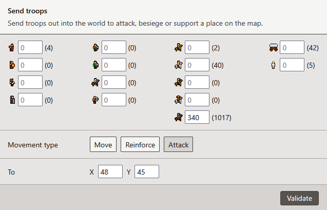 Screenshot of the send troops page