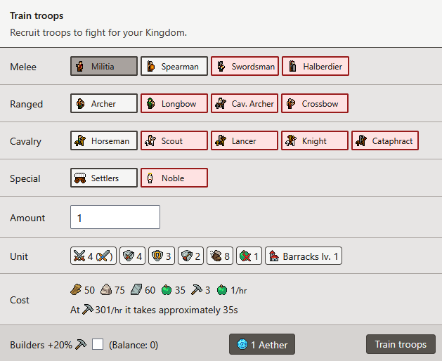 Screenshot of the army training page