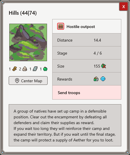 Screenshot of a Native outpost event on a Hills tile