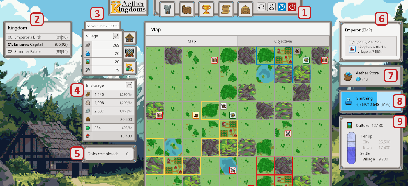 Image of the interface with numbered elements