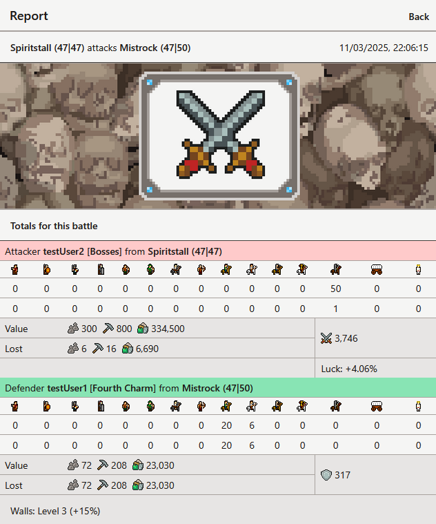 Screenshot of a battle report