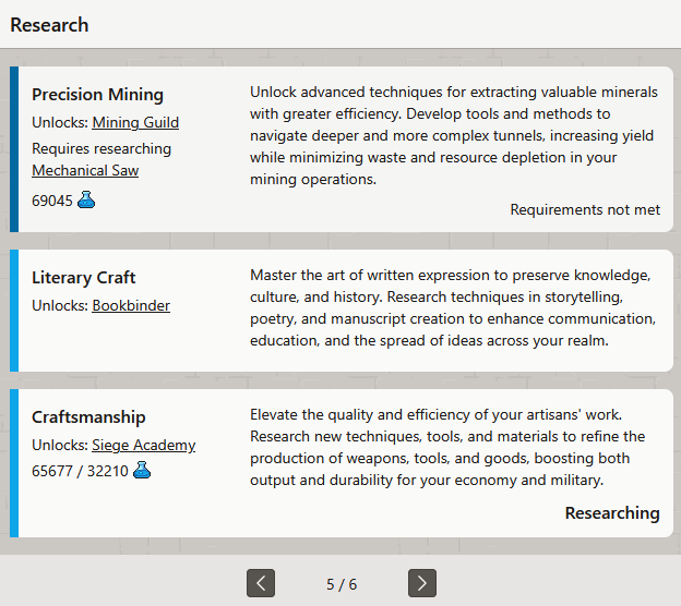 Research page showing three researches