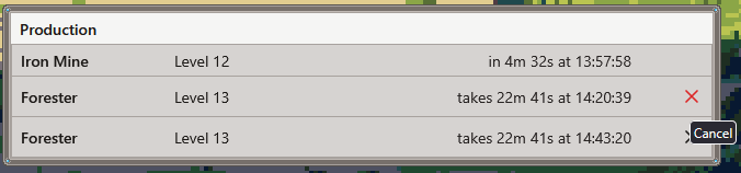Screenshot of the cancel button in the village queue