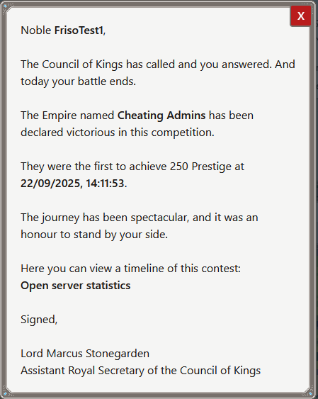 Screenshot of the new end of game announcement