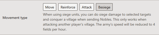 Screenshot of the besiege movement type selected on the army sending page