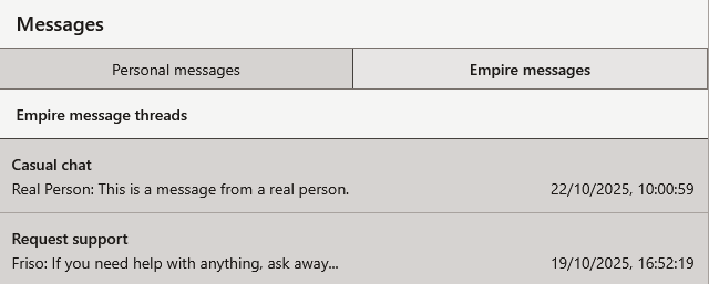 Screenshot of the Empire Messages tab