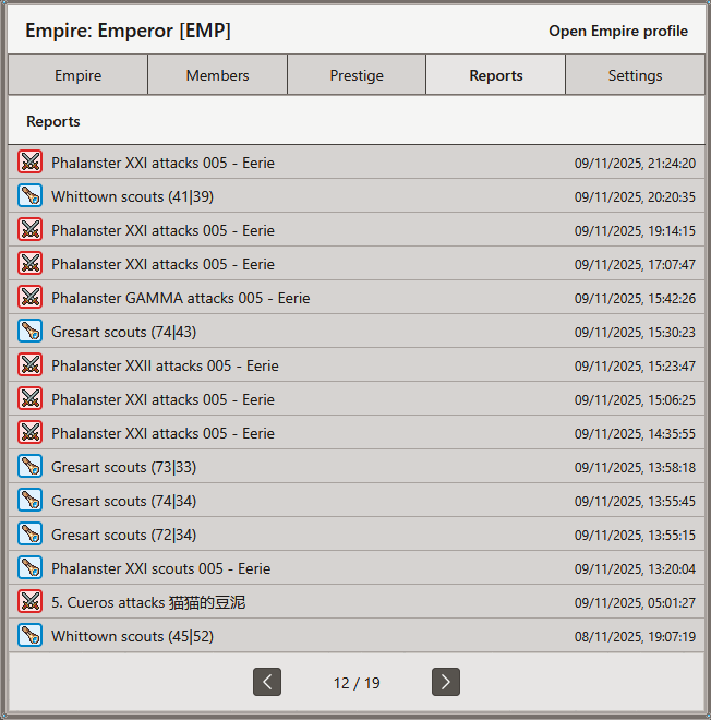 Empire PvP reports page