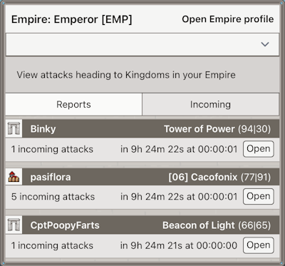 Incoming attacks on the Empire are now shown per target instead of just a big list