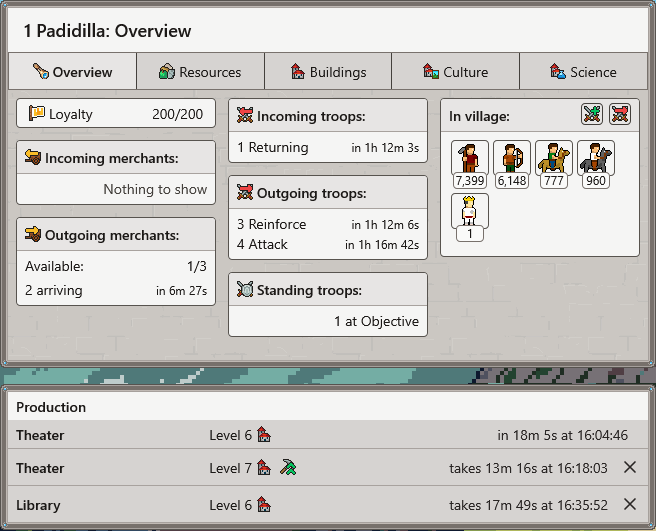 The improved Village Overview. Now with icons, new header boxes and less text.